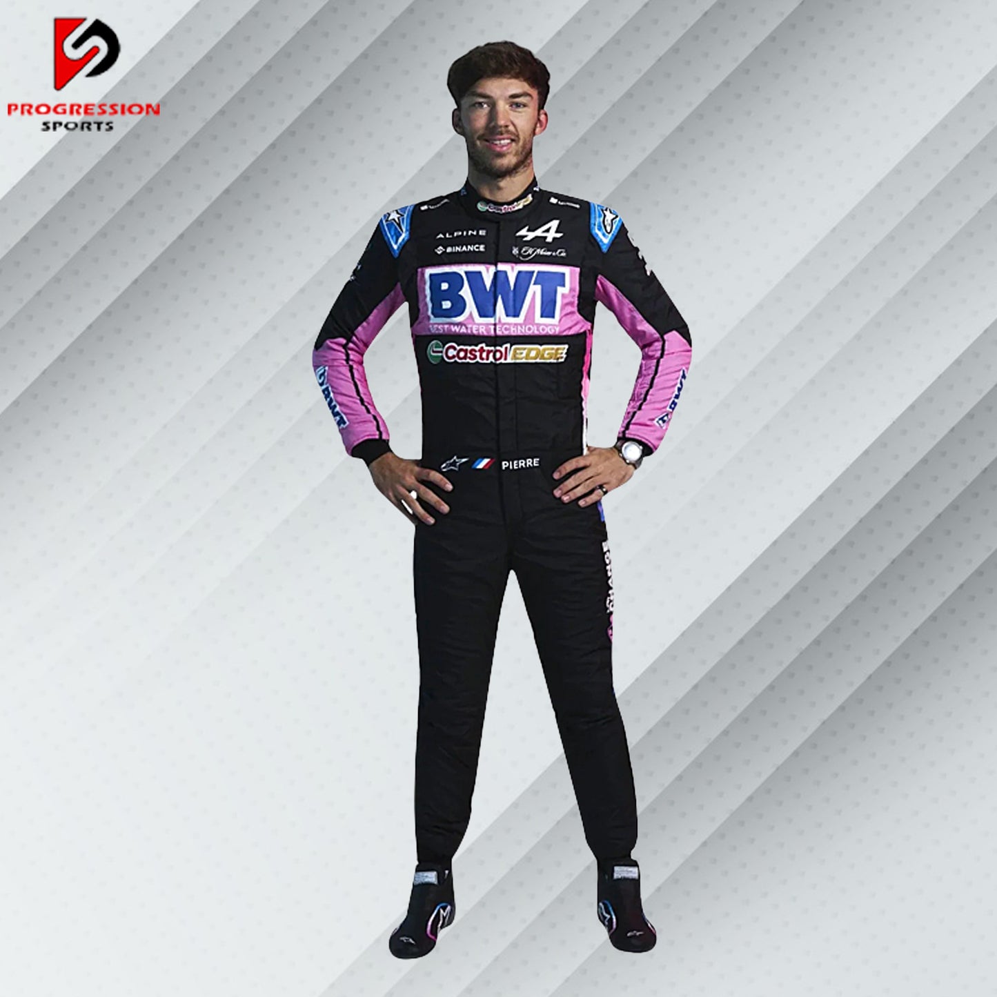 2024 Pierre Gasly BWT Alpine F1 race suit in pink and blue with BWT, Alpine, and Castrol sponsor logos