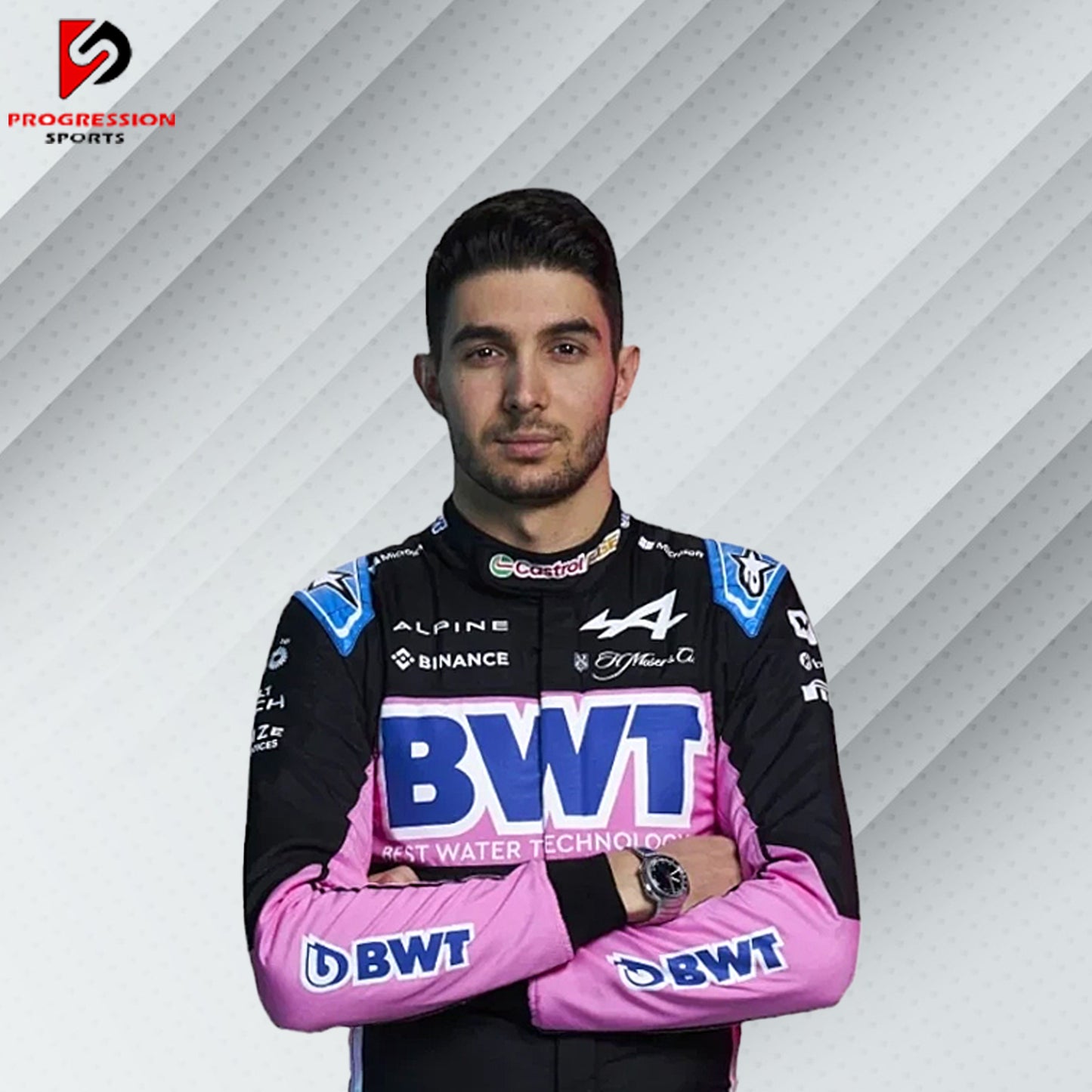 2024 Esteban Ocon BWT Alpine F1 race suit in pink and blue with BWT, Alpine, Castrol, and other official sponsor logos