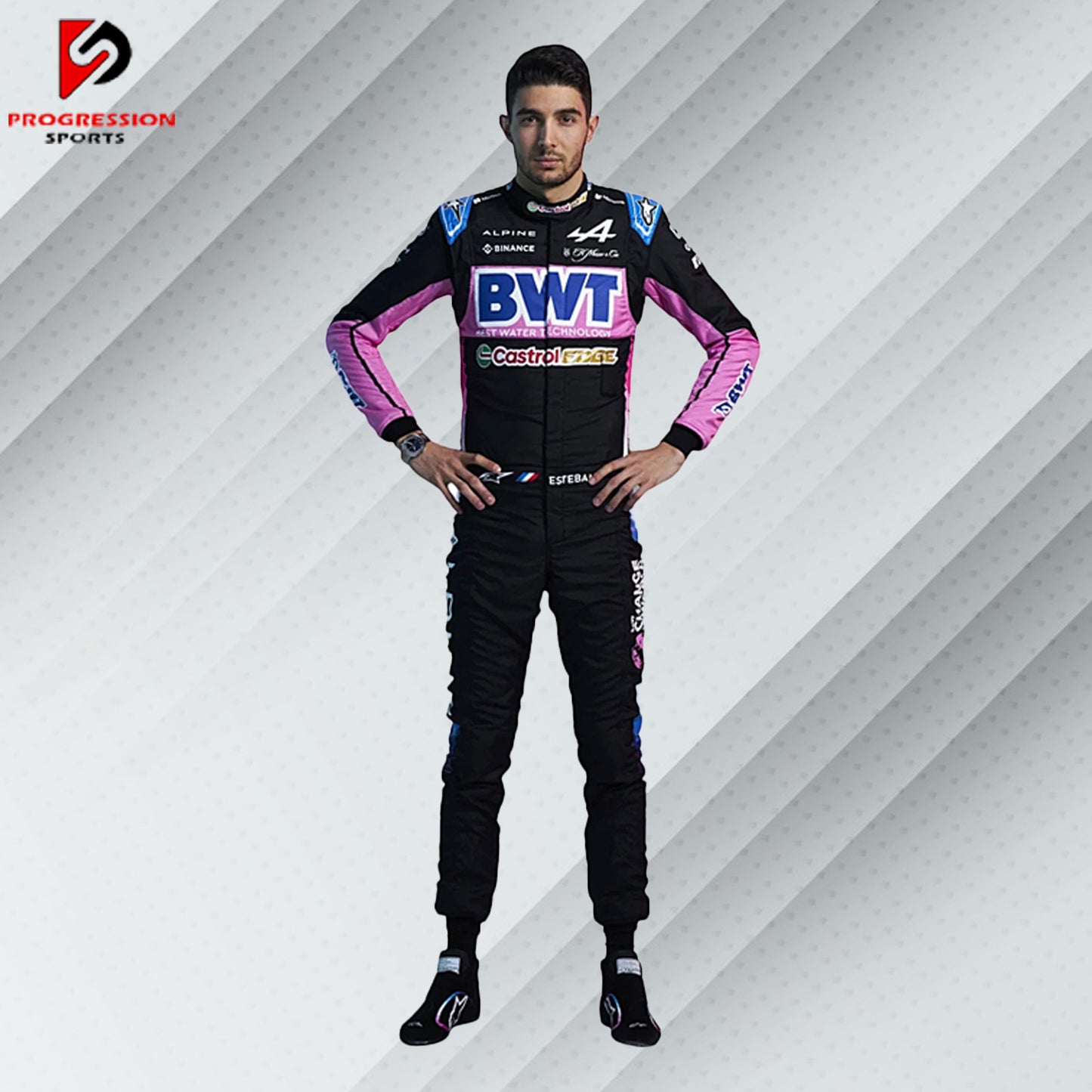2024 Esteban Ocon BWT Alpine F1 race suit in pink and blue with BWT, Alpine, Castrol, and other official sponsor logos