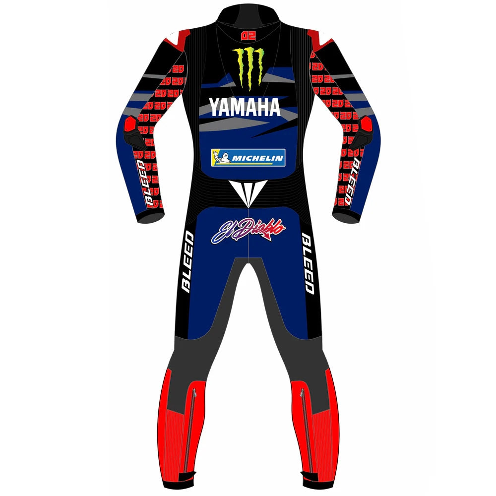 2024 Fabio Di Giannantonio VR46 Pertamina Enduro MotoGP leather race suit in white and fluo yellow with CE Level 2 armor, front view