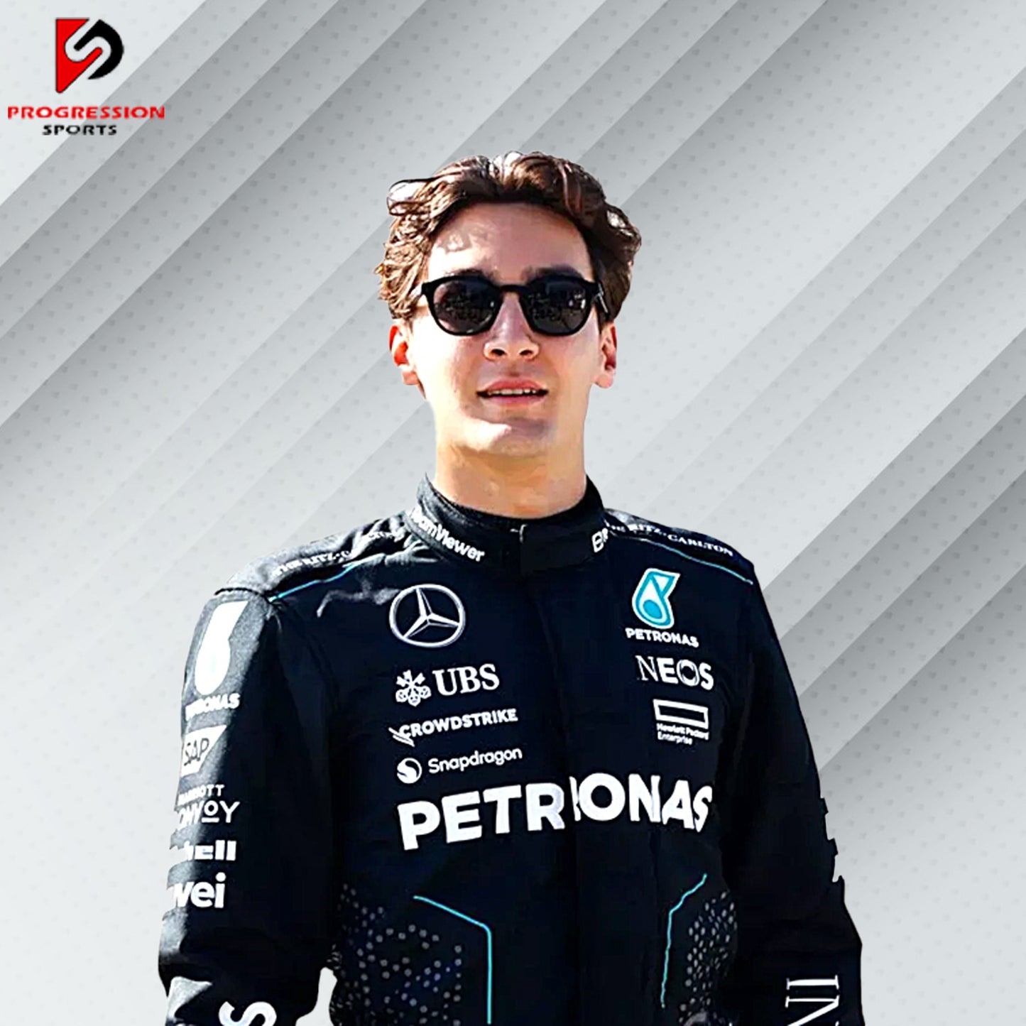 2024 George Russell Mercedes F1 race suit in sleek black with Petronas, AMG, and Mercedes-Benz sponsor logos