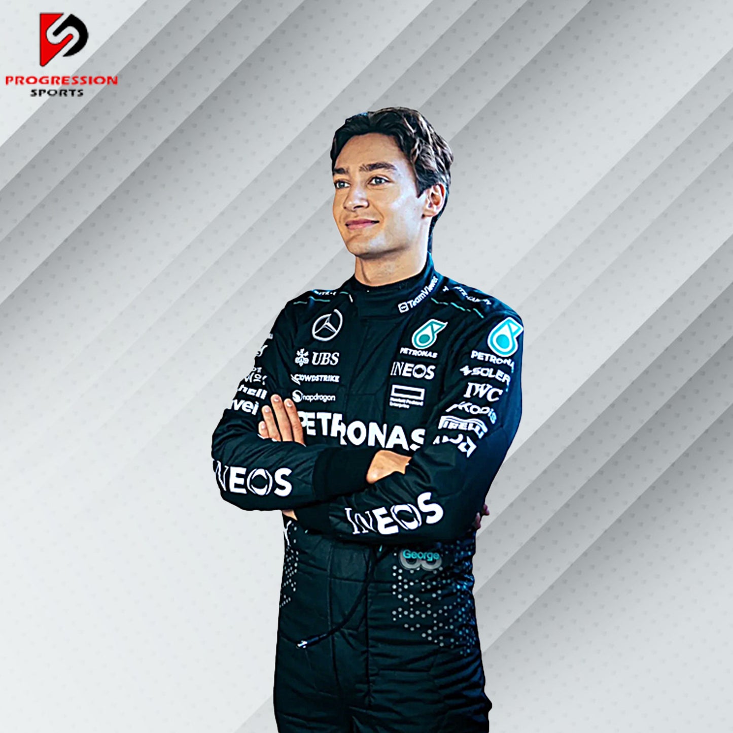 2024 George Russell Mercedes F1 race suit in sleek black with Petronas, AMG, and Mercedes-Benz sponsor logos