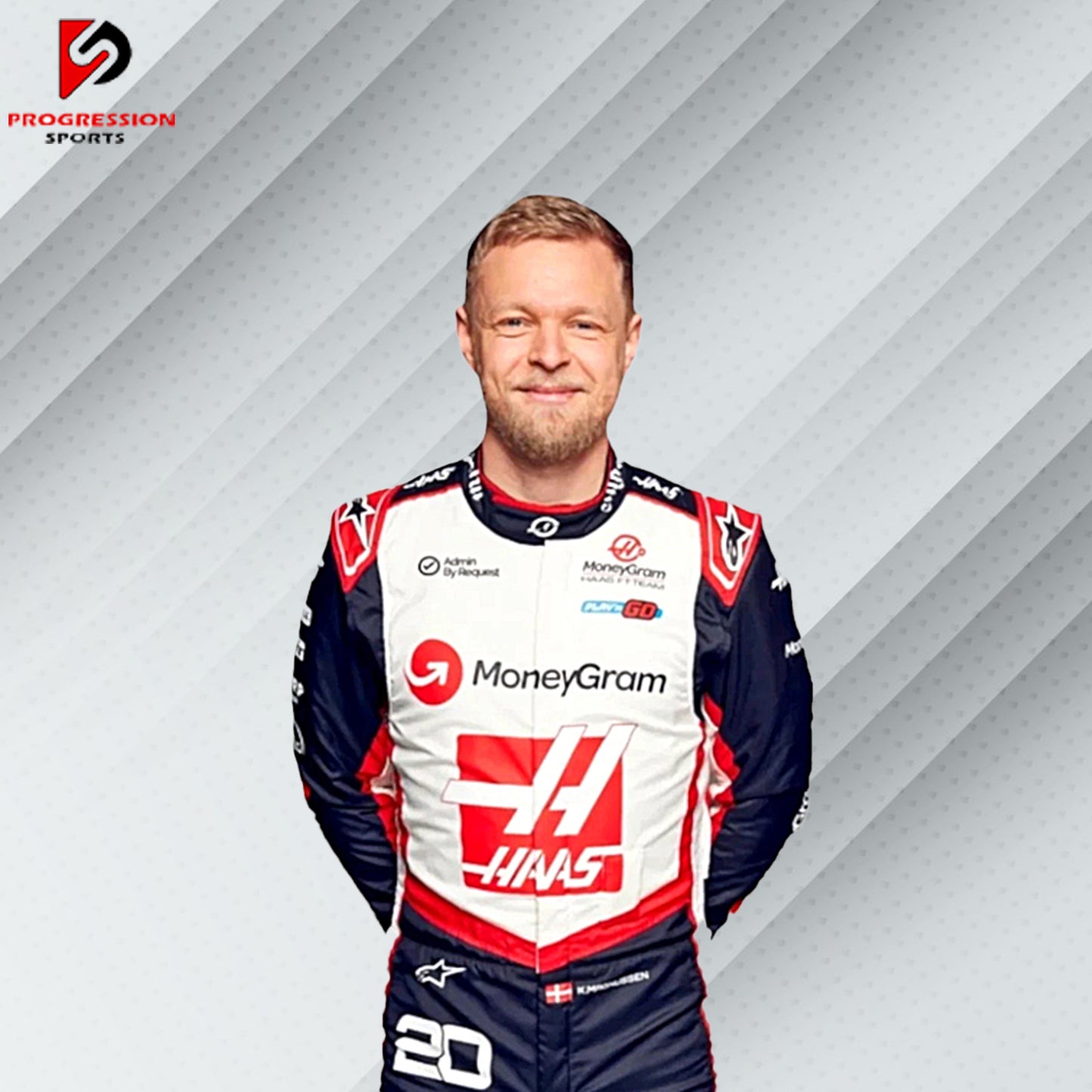 2024 Kevin Magnussen Haas F1 race suit in white with red and black accents and official MoneyGram Haas F1 Team sponsor logos