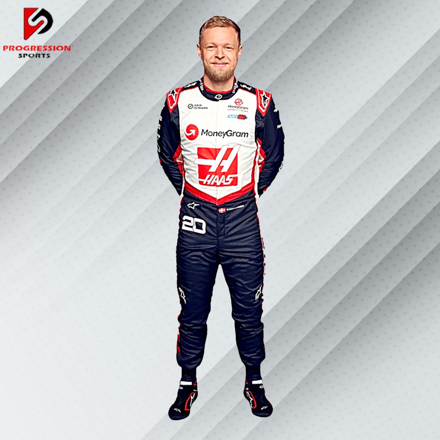 2024 Kevin Magnussen Haas F1 race suit in white with red and black accents and official MoneyGram Haas F1 Team sponsor logos