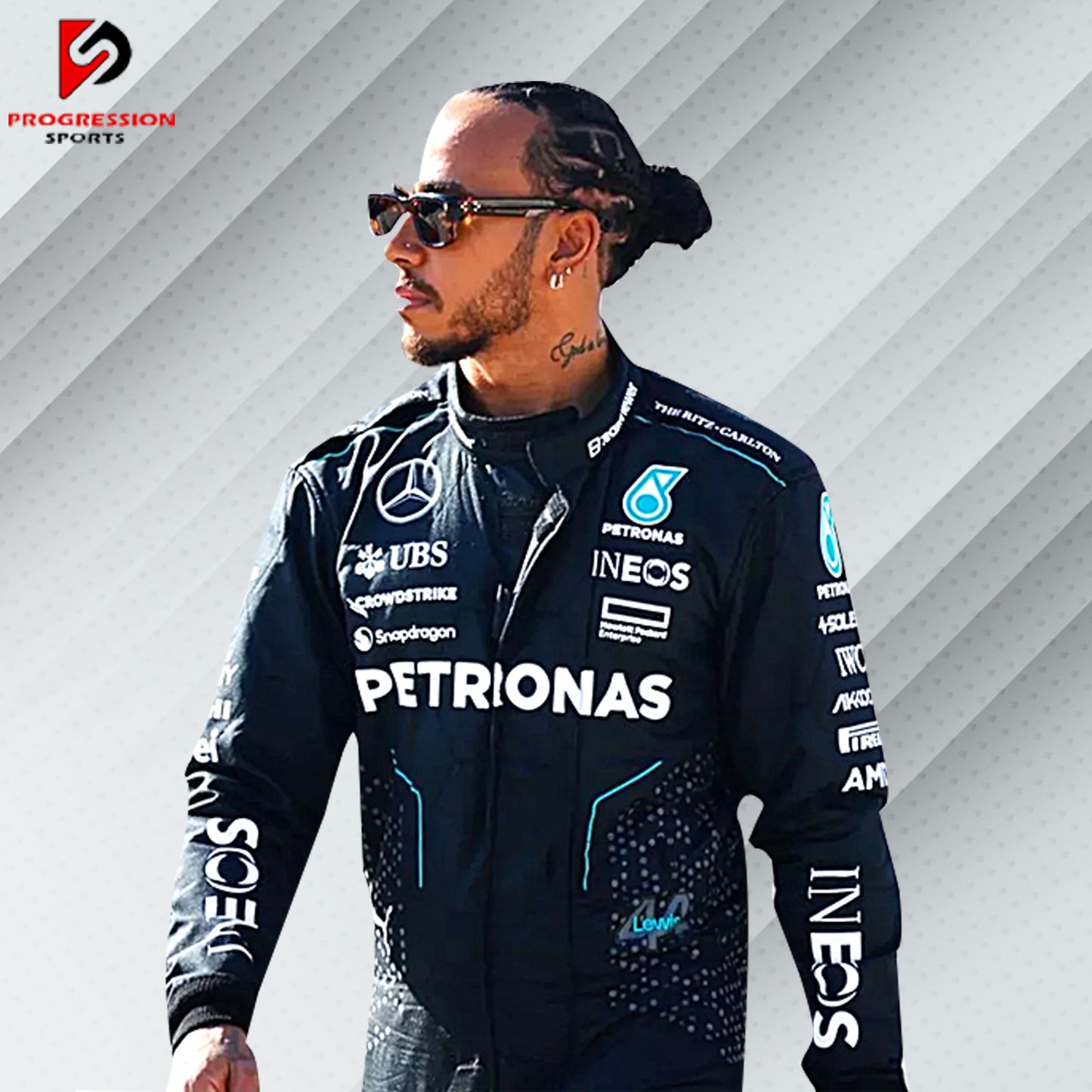 2024 Lewis Hamilton Mercedes F1 race suit in black with Petronas, AMG, Tommy Hilfiger, and Mercedes-Benz sponsor logos