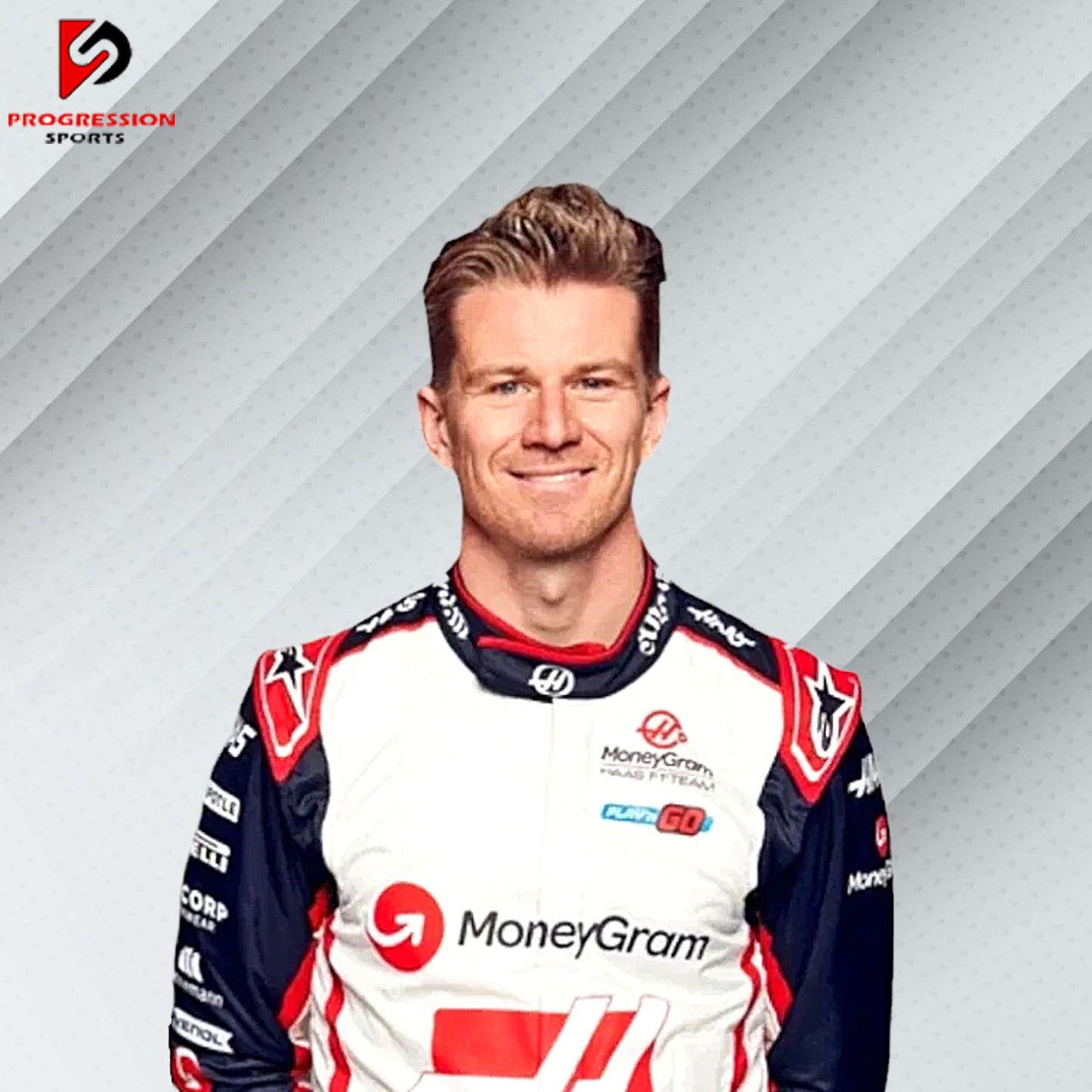 2024 Nico Hülkenberg Haas F1 race suit in white with red and black detailing and official Haas and MoneyGram sponsor logos