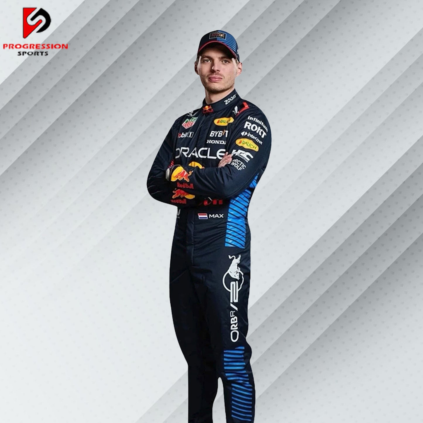 2024 Max Verstappen Red Bull Racing Formula 1 suit featuring the iconic navy blue design with red and yellow accents, adorned with sponsor logos such as Red Bull, Mobil 1, Honda, and Puma.