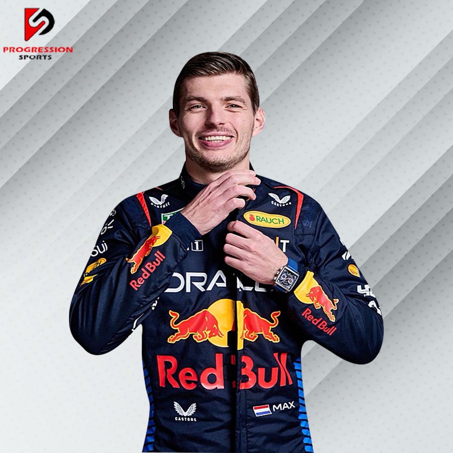 2024 Max Verstappen Red Bull Racing Formula 1 suit featuring the iconic navy blue design with red and yellow accents, adorned with sponsor logos such as Red Bull, Mobil 1, Honda, and Puma.