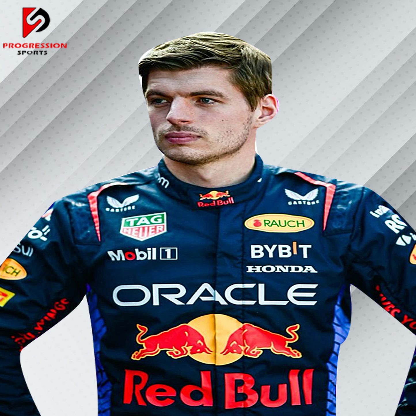 2024 Max Verstappen Red Bull Racing Formula 1 suit featuring the iconic navy blue design with red and yellow accents, adorned with sponsor logos such as Red Bull, Mobil 1, Honda, and Puma.