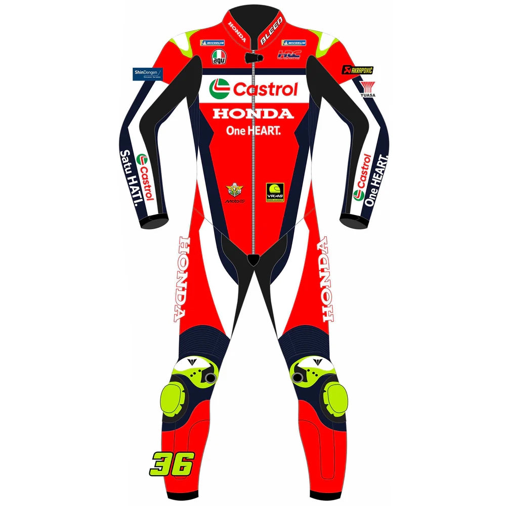2025 Joan Mir Honda Castrol MotoGP leather race suit in red, white, and navy with CE Level 2 armor, front view