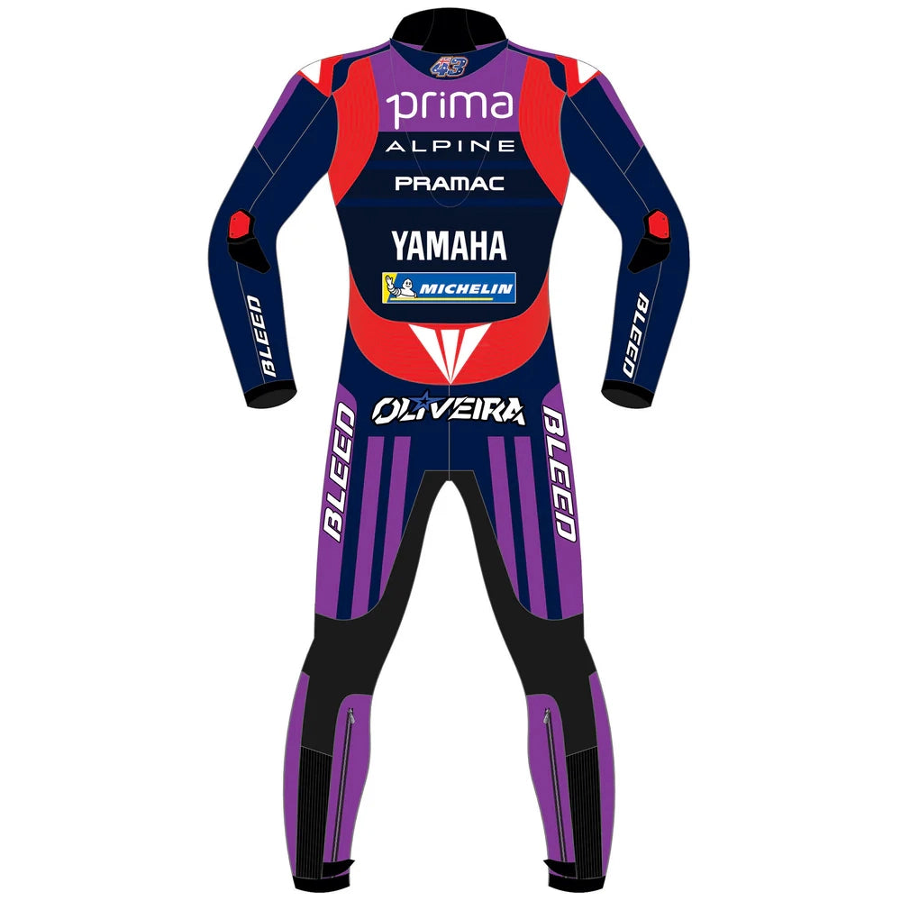 2025 Miguel Oliveira Prima Pramac Yamaha MotoGP leather race suit in purple, blue, and red with CE Level 2 armor, front view