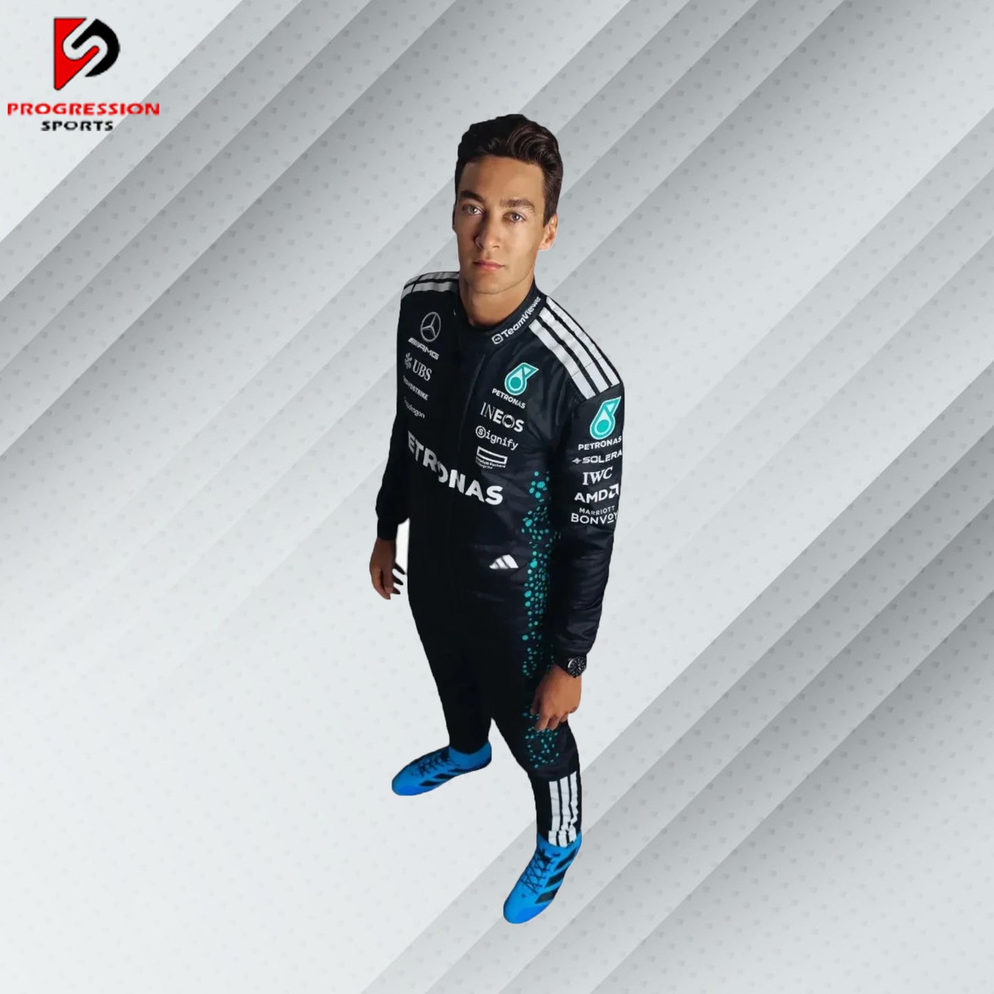 2025 George Russell Mercedes F1 race suit in updated black design with Petronas, AMG, and Mercedes-Benz sponsor logos