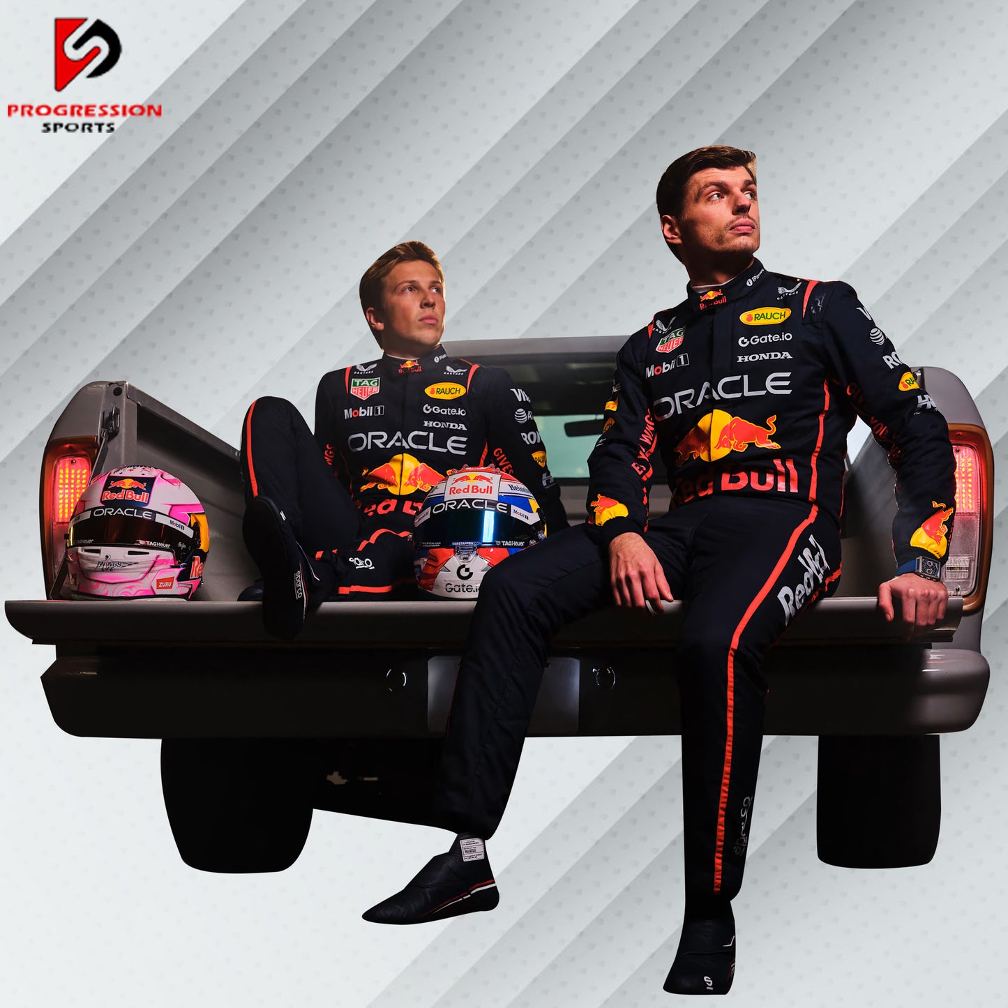 2025 Max Verstappen Red Bull Racing Formula 1 suit featuring the iconic navy blue design with red and yellow accents, adorned with sponsor logos such as Red Bull, Mobil 1, Honda, and Puma.