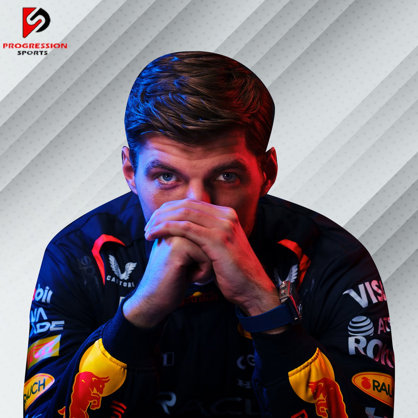 2025 Max Verstappen Red Bull Racing Formula 1 suit featuring the iconic navy blue design with red and yellow accents, adorned with sponsor logos such as Red Bull, Mobil 1, Honda, and Puma.