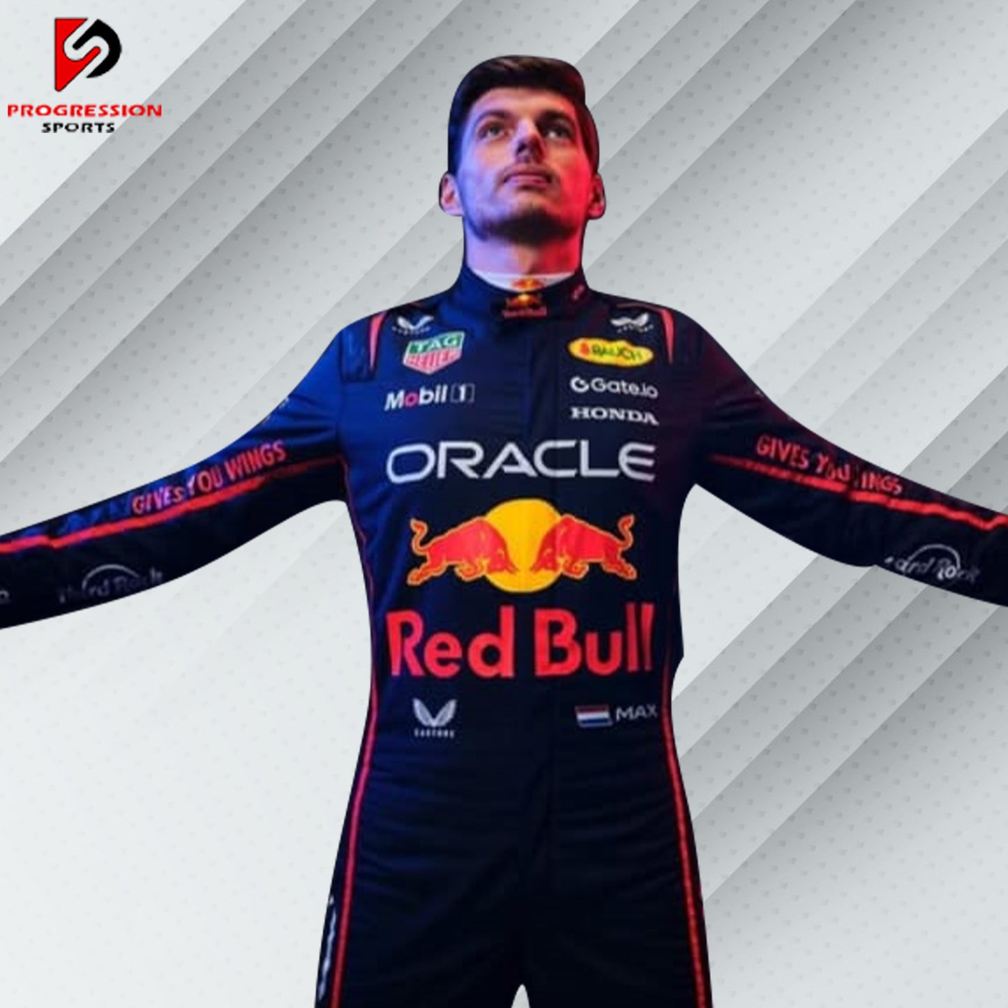 2025 Max Verstappen Red Bull Racing Formula 1 suit featuring the iconic navy blue design with red and yellow accents, adorned with sponsor logos such as Red Bull, Mobil 1, Honda, and Puma.