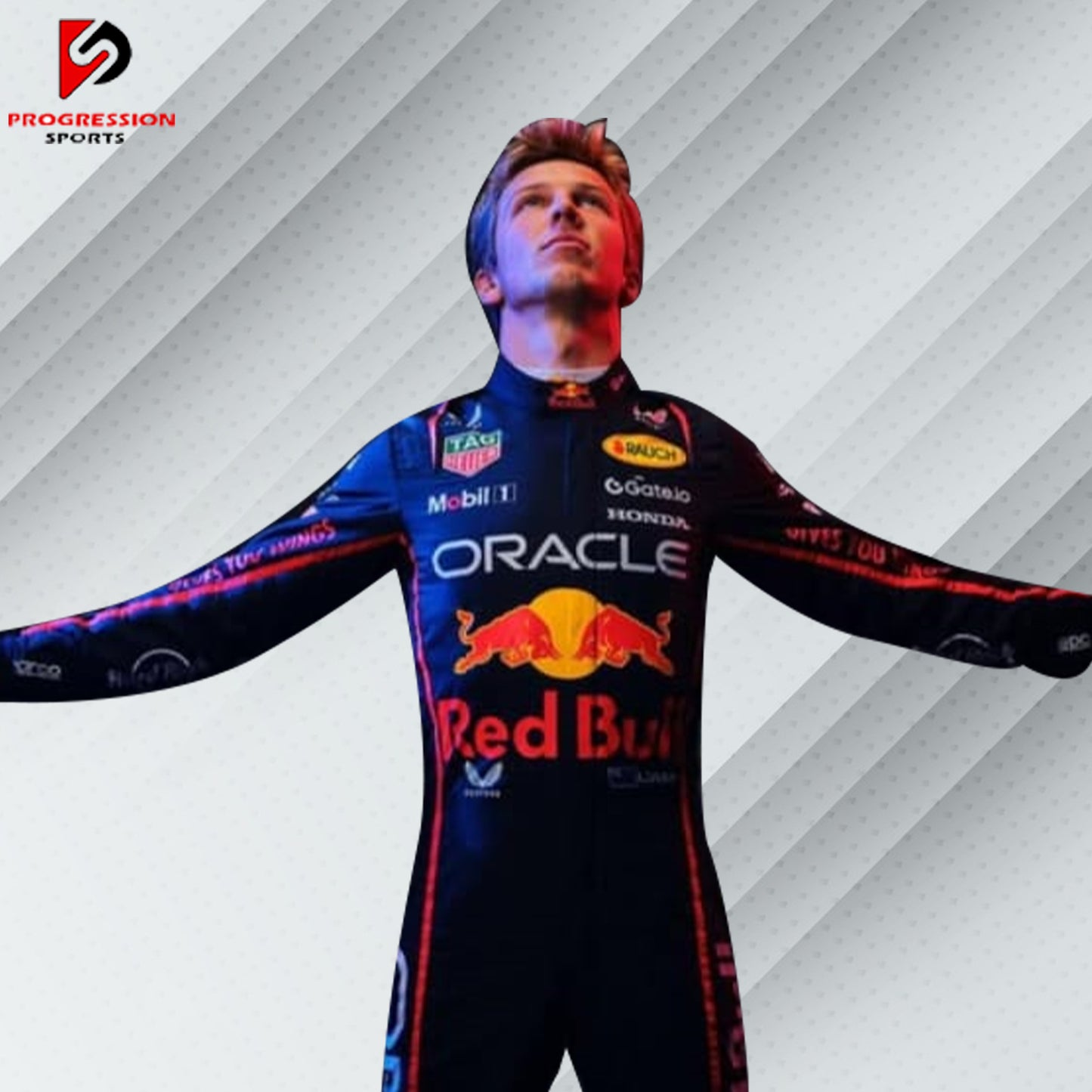 2025 Max Verstappen Red Bull Racing Formula 1 suit featuring the iconic navy blue design with red and yellow accents, adorned with sponsor logos such as Red Bull, Mobil 1, Honda, and Puma.