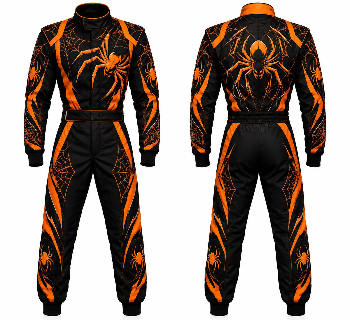 2026 Custom Halloween race suit spider edition front and back view featuring orange and black sublimated spider and web graphics