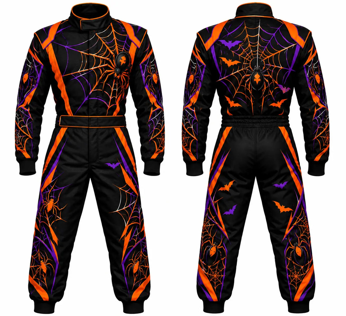 2026 Custom Halloween race suit spider edition front and back view featuring orange and purple sublimated spiderweb graphics