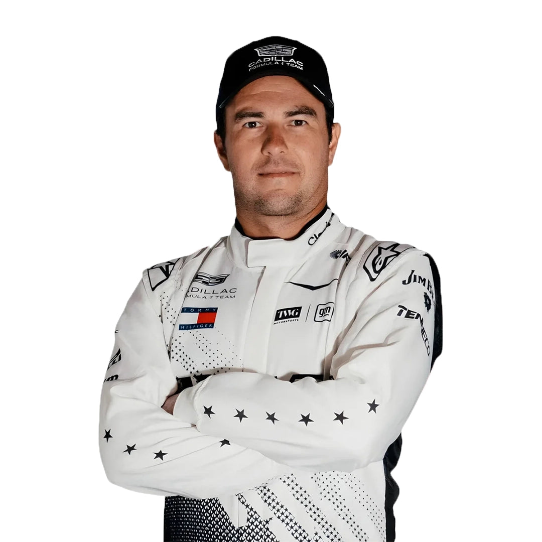 2026 Sergio Perez Cadillac inspired kart suit white and black front view on model