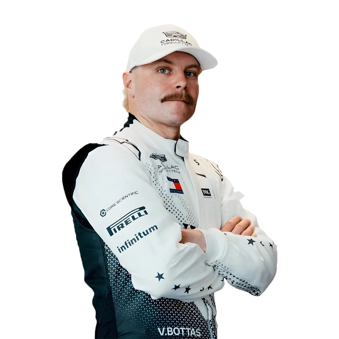 2026 Valtteri Bottas Cadillac style racing suit side profile showing arm star graphics