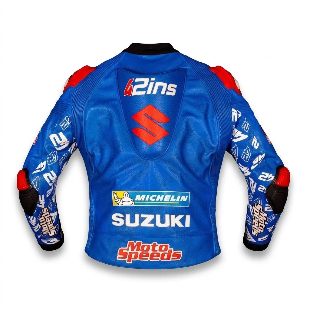 Alex Rins MotoGP leather racing jacket Suzuki 2021 front view in blue and silver leather with Ecstar and Monster Energy sponsor logos