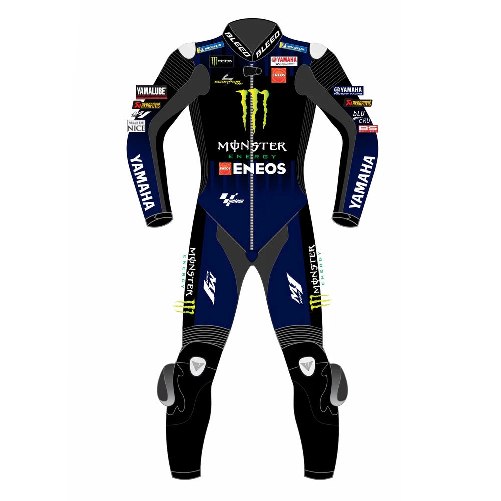 Fabio Quartararo 2021 MotoGP leather race suit in navy and black with CE Level 2 armor, front full view