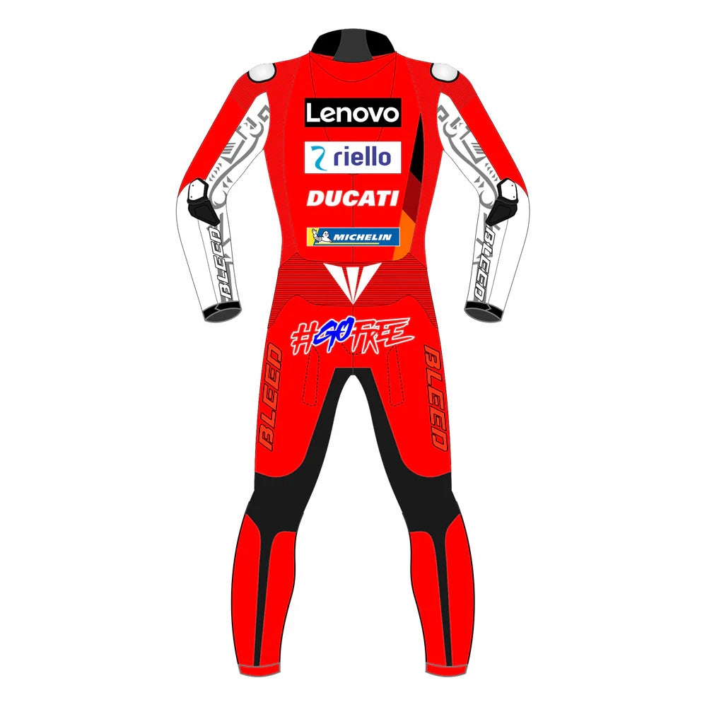 2021 Francesco Bagnaia Ducati Lenovo MotoGP leather race suit in red and black with CE Level 2 armor, front view