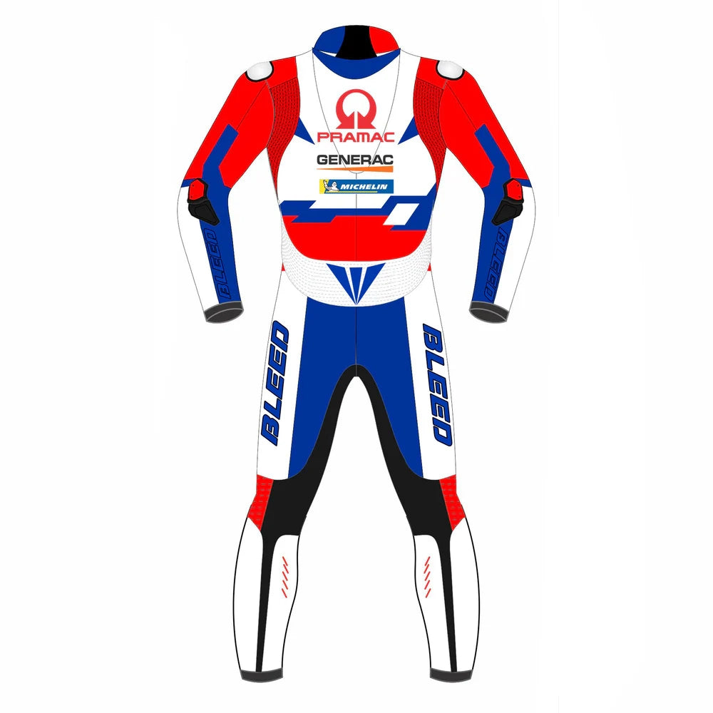Jorge Martin 2022 Ducati Pramac leather racing suit front view showing red white blue livery and CE armor points