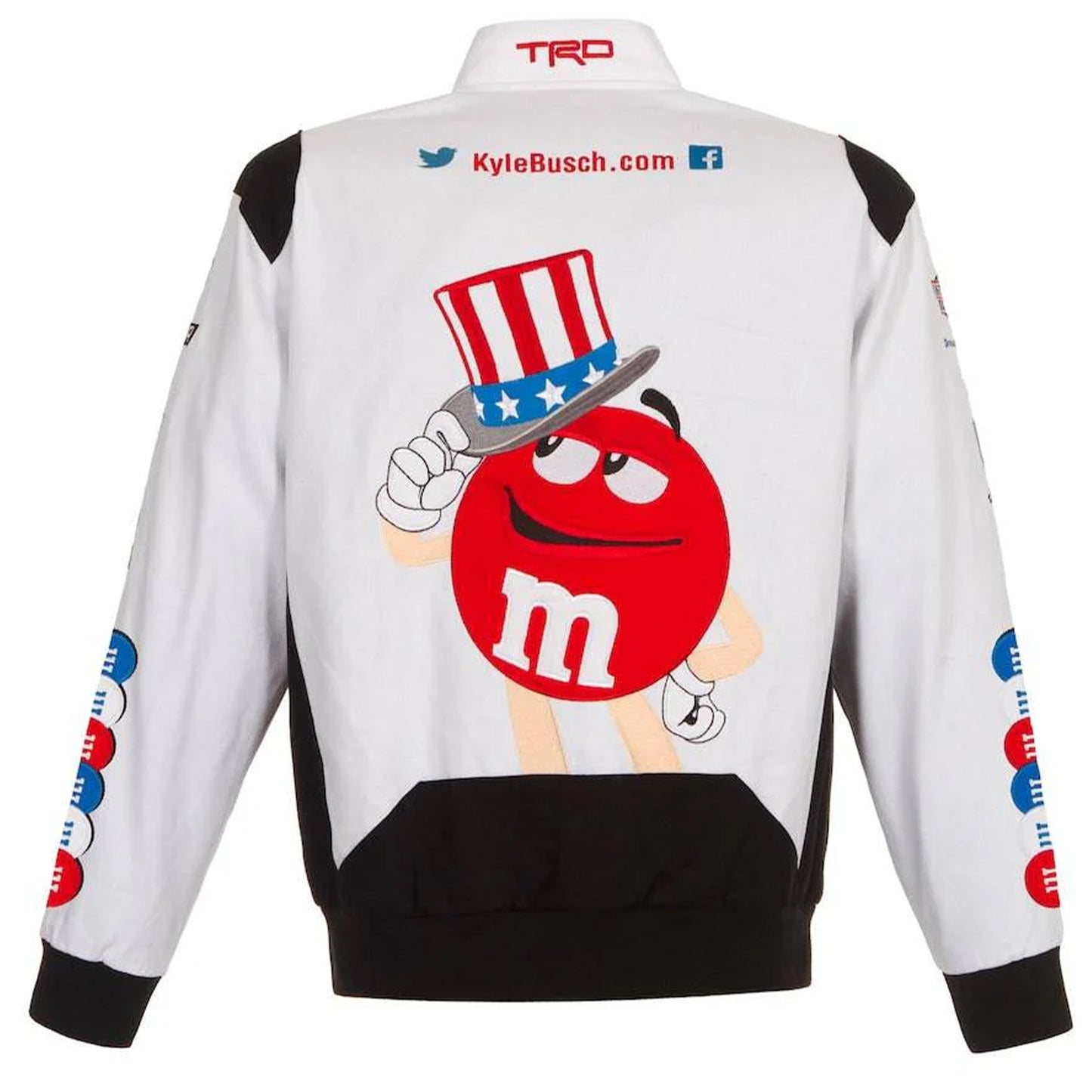 Authentic Kyle Busch M&M’s White Full-Snap Twill Uniform Jacket by Progression Race Wear – JH Design NASCAR jacket with embroidered M&M’s details.