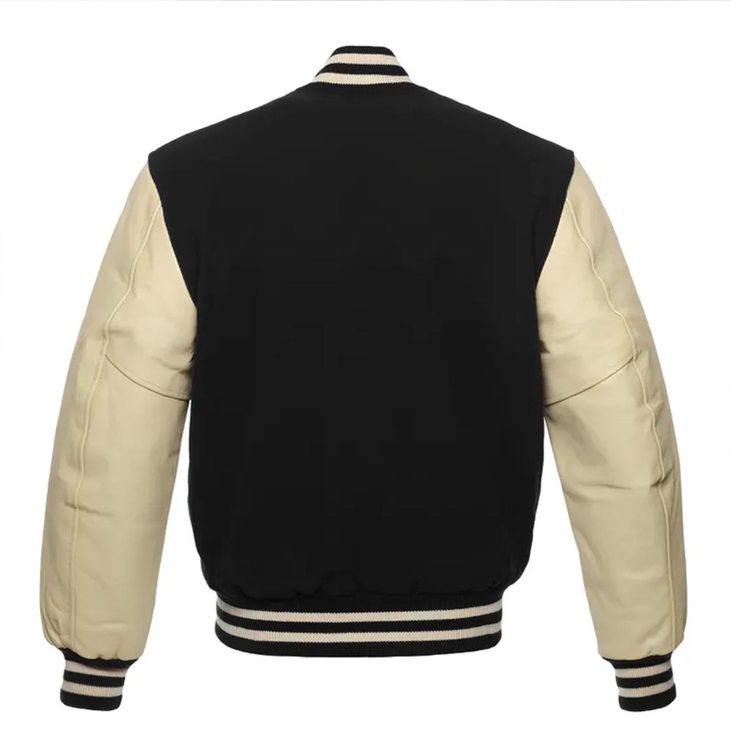 Mens Varsity Letterman Black Body Beige leather Sleeves Baseball Jacket Team Varsity Jacket