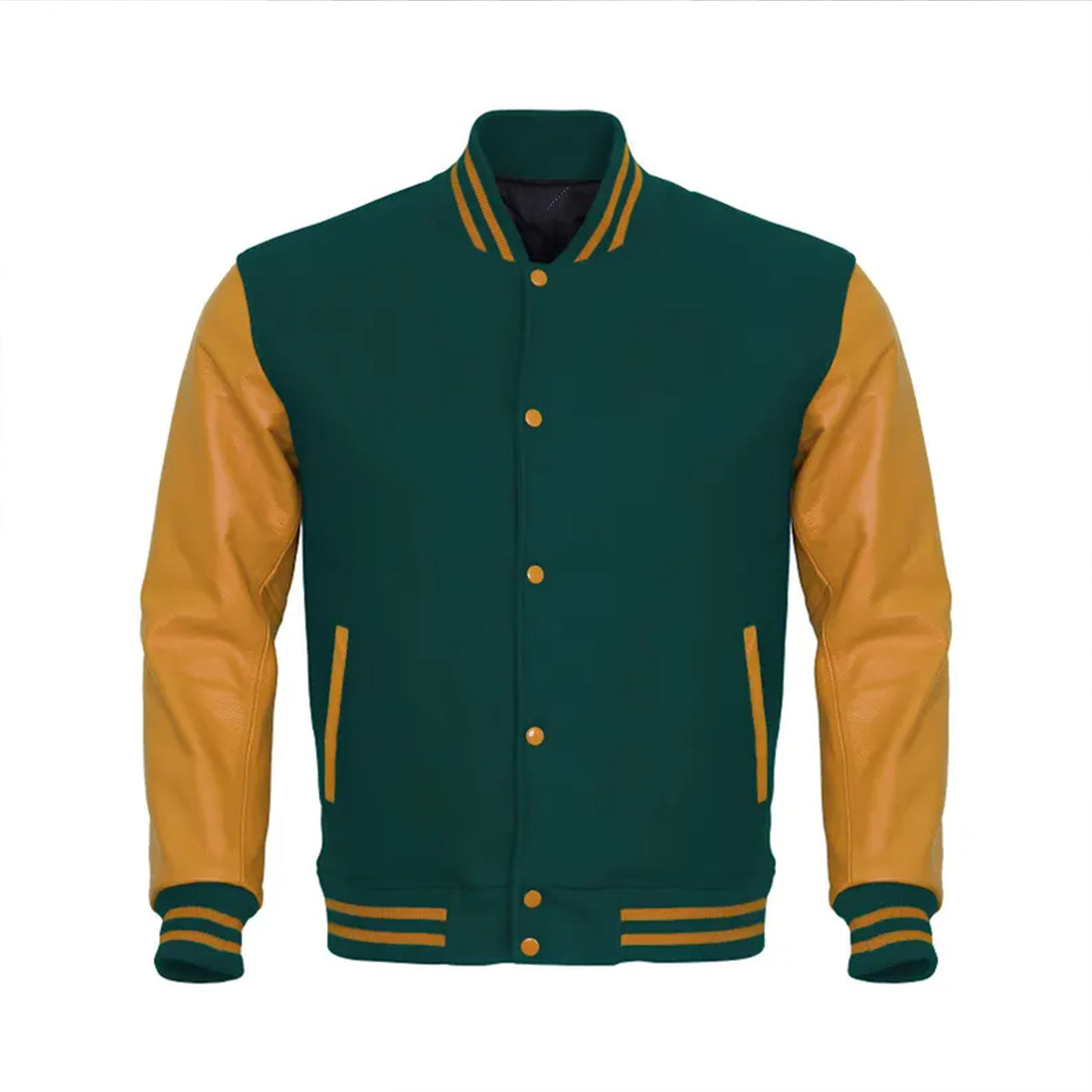 Mens Varsity Letterman Green Body Mustard Yellow leather Sleeves Baseball Jacket Team Varsity Jacket