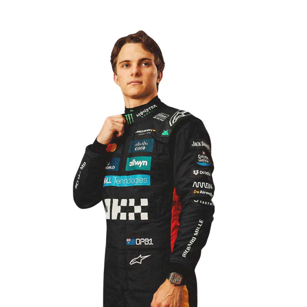 2025 Oscar Piastri F1 Race Suit Replica by Progression Race Wear – premium Formula 1 replica suit inspired by Piastri’s 2025 McLaren season.