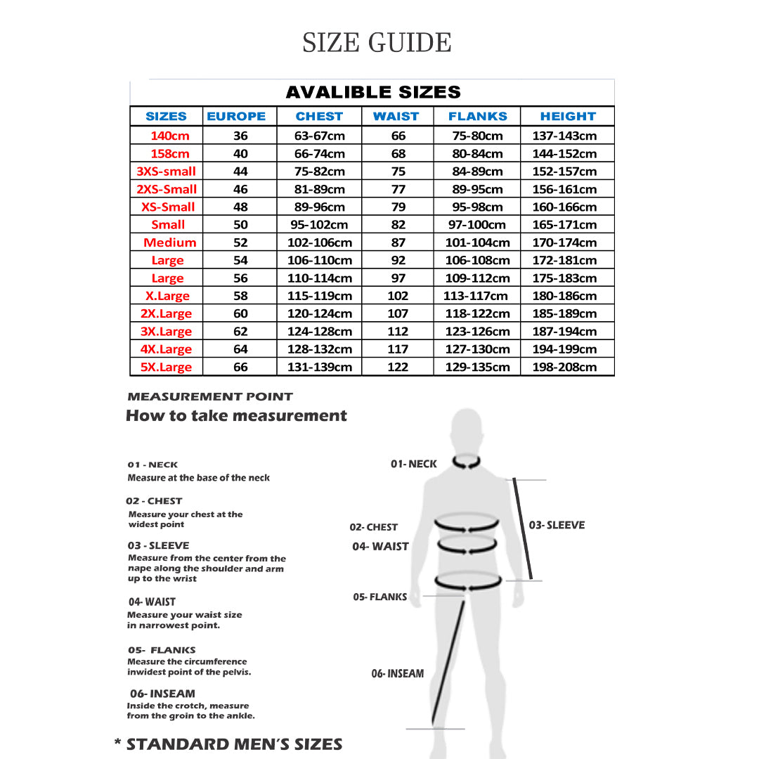 Size guide chart for clothing with measurements in centimeters and inches.