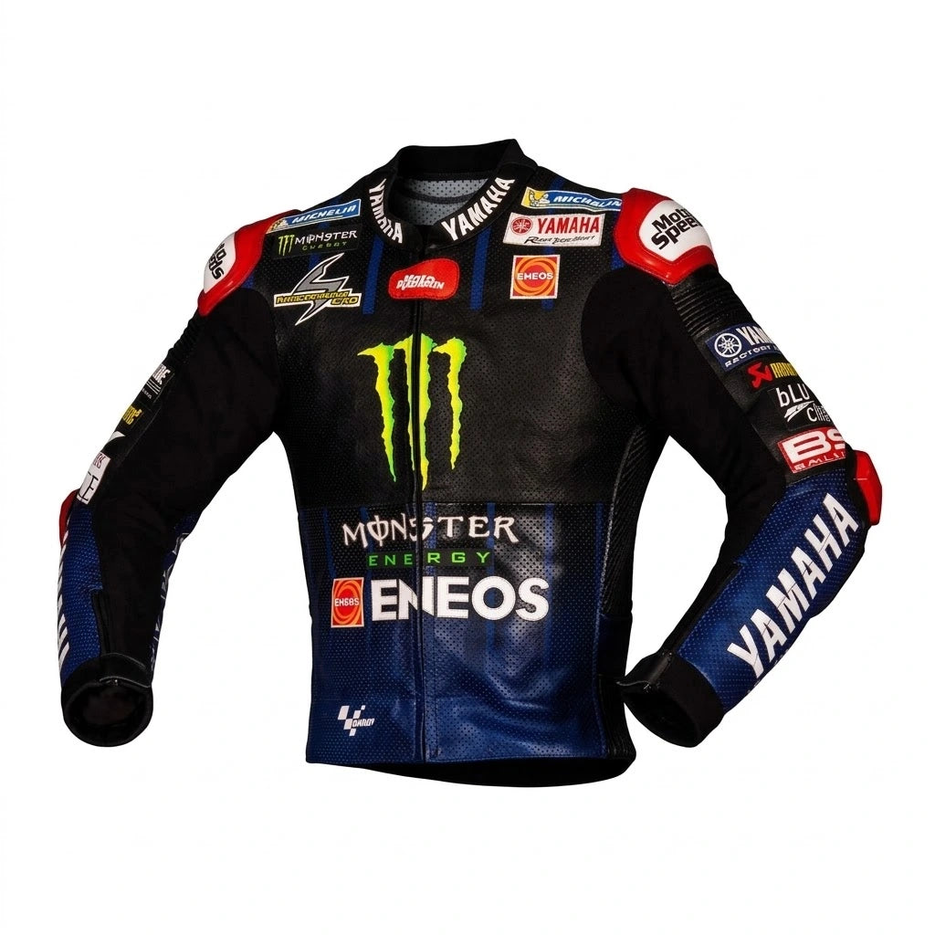 Fabio Quartararo MotoGP leather racing jacket Yamaha 2021 front view in black and blue leather with Monster Energy and ENEOS sponsor logos