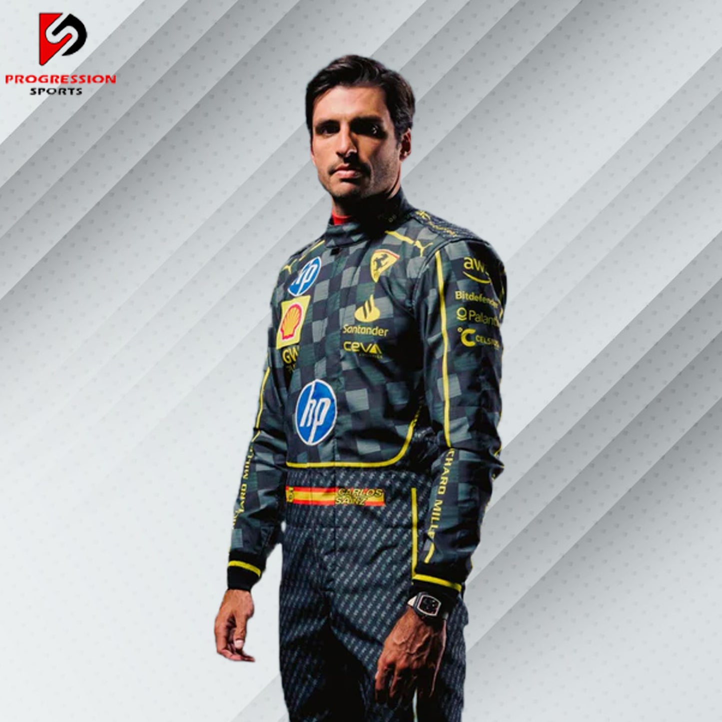 2025 Carlos Sainz Ferrari F1 race suit with HP carbon fibre-inspired design featuring dark tones and official sponsor logos