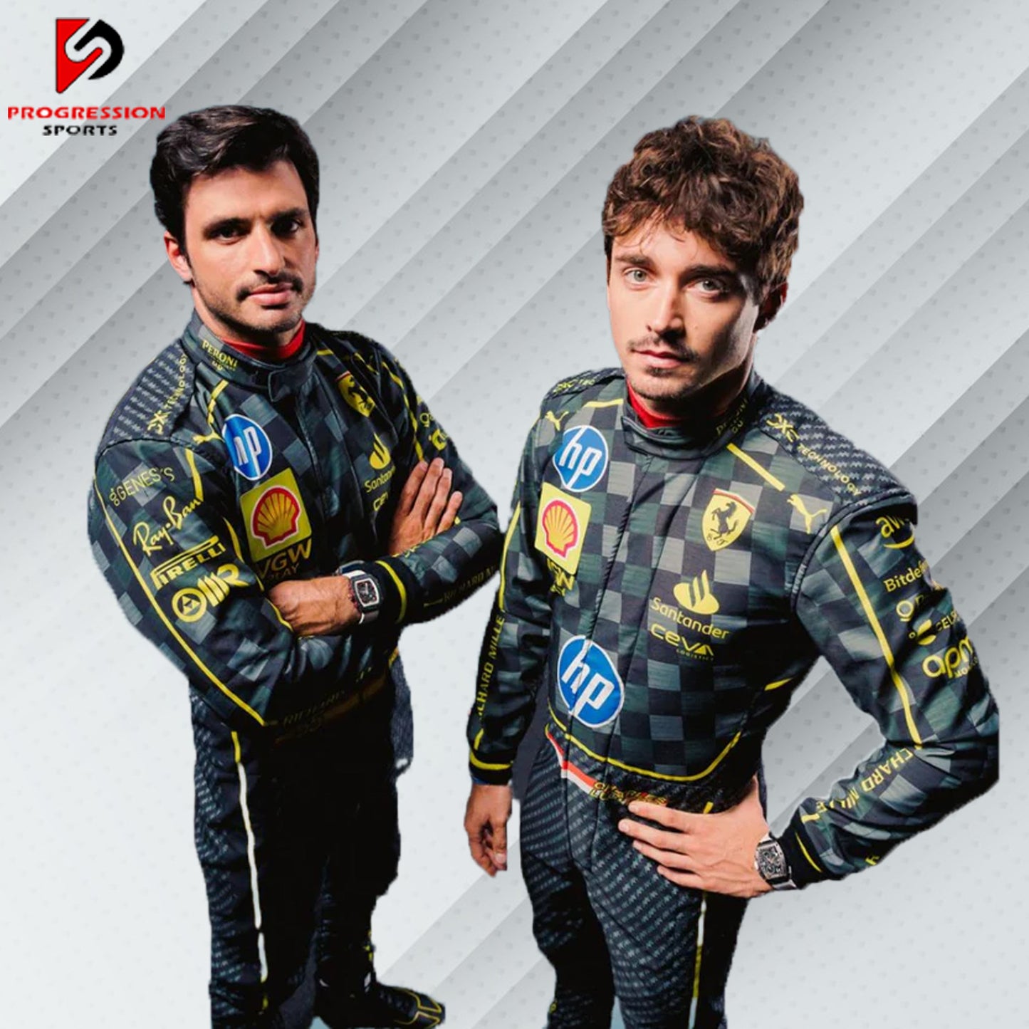 2025 Carlos Sainz Ferrari F1 race suit with HP carbon fibre-inspired design featuring dark tones and official sponsor logos