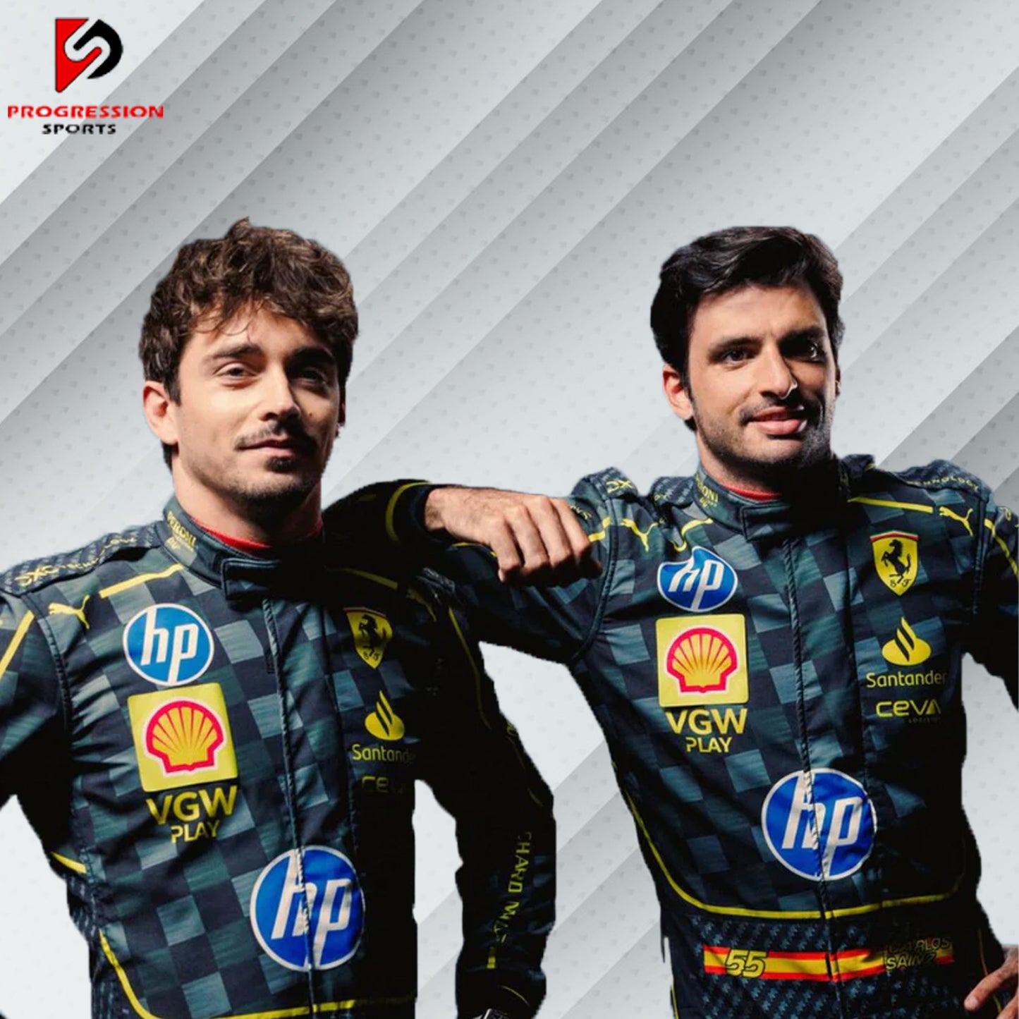 2025 Carlos Sainz Ferrari F1 race suit with HP carbon fibre-inspired design featuring dark tones and official sponsor logos