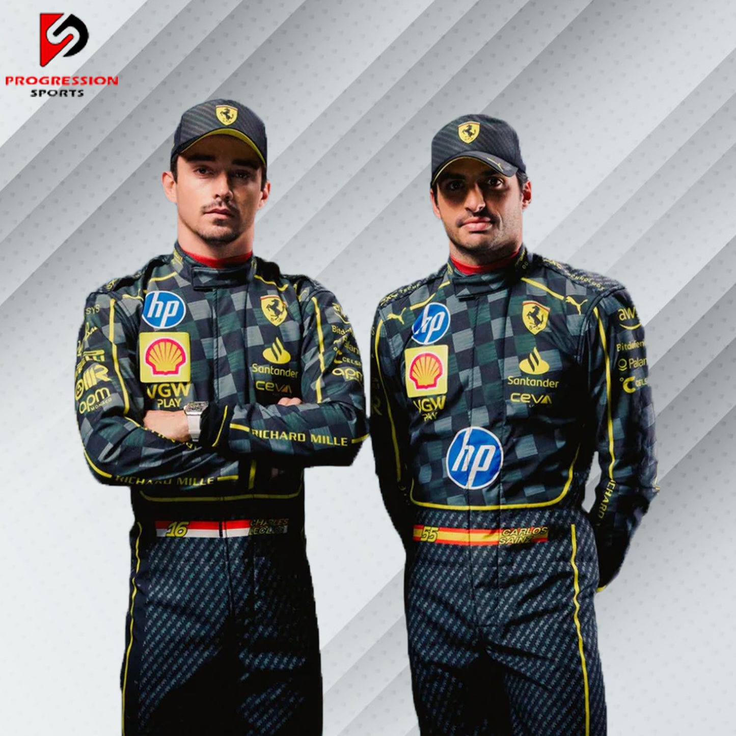 2025 Carlos Sainz Ferrari F1 race suit with HP carbon fibre-inspired design featuring dark tones and official sponsor logos