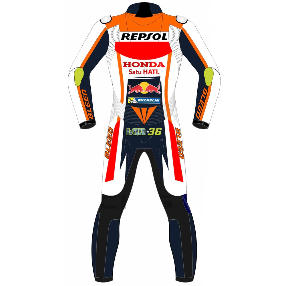 2023 Joan Mir Repsol Honda MotoGp leather racing suit front view showing white red orange livery and CE armor point