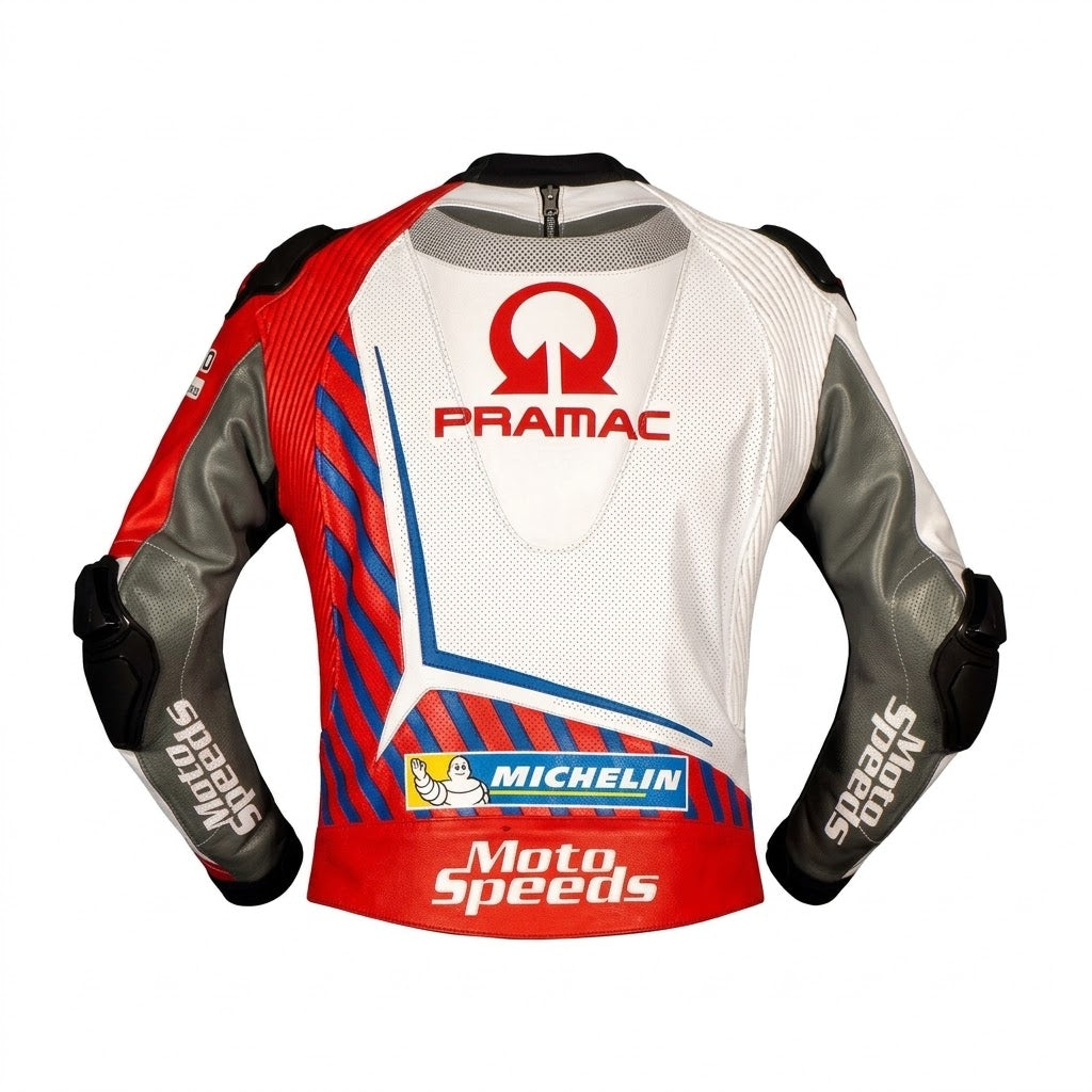 Johann Zarco MotoGP leather racing jacket Ducati 2021 front view in white red and blue leather with Pramac Racing sponsor logos