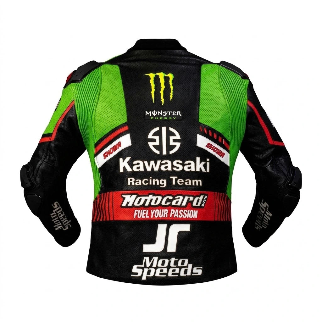 Jonathan Rea WSBK leather racing jacket Kawasaki 2021 front view in green and black leather with Monster Energy and Arai sponsor logos