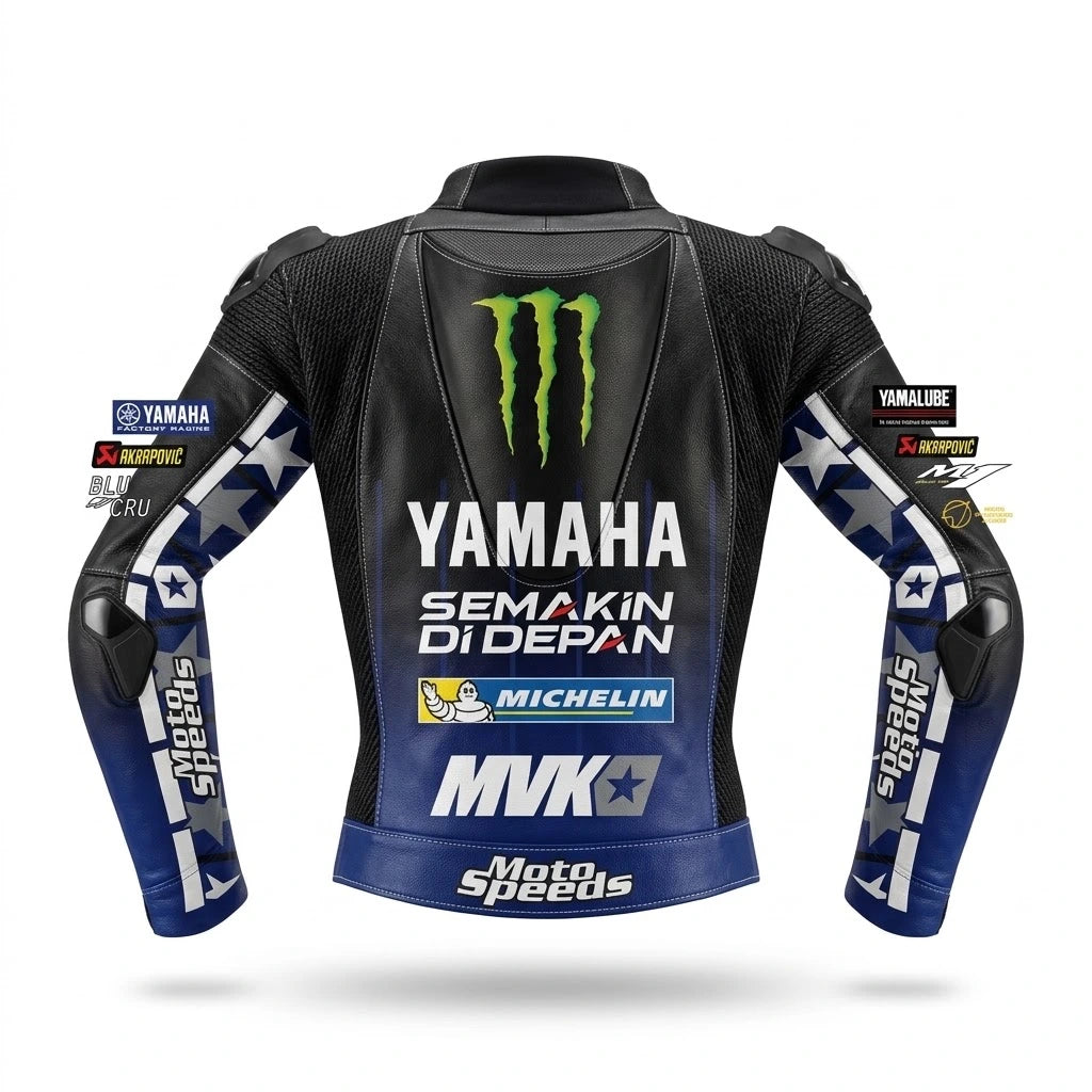 Maverick Vinales MotoGP leather racing jacket Yamaha 2021 front view in black and blue leather with Monster Energy and ENEOS sponsor logos