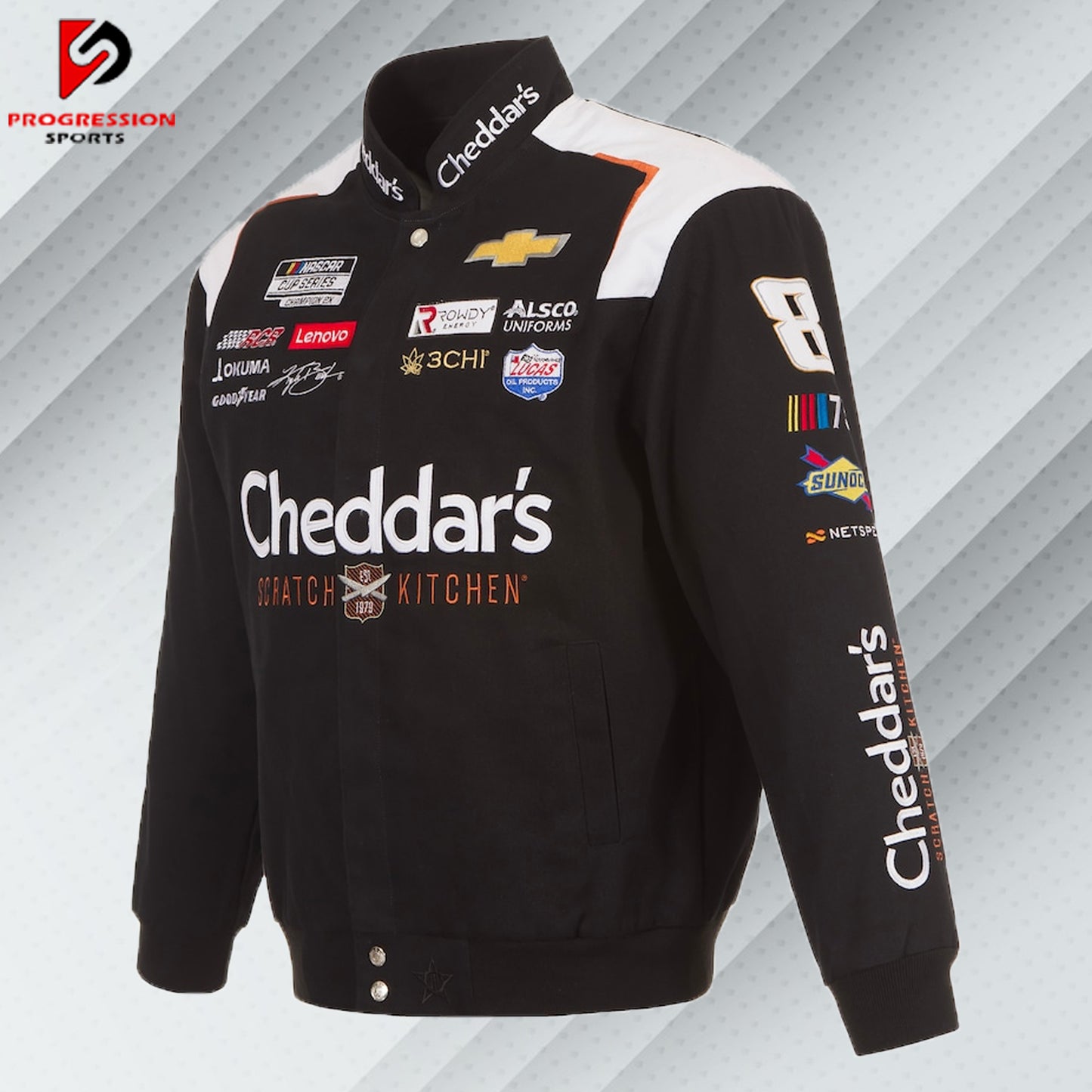 Nascar Kyle Busch JH Design Cheddar's Cotton Twill Uniform Full Snap Jacket-Black