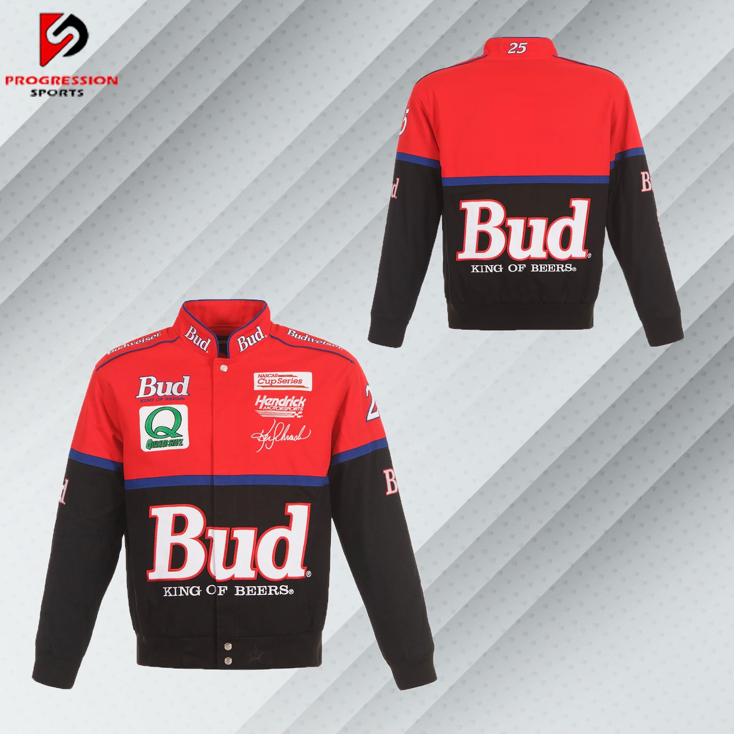 Men's JH Design Black/Red Ken Schrader Bud Twill Driver Uniform Full-Snap Jacket