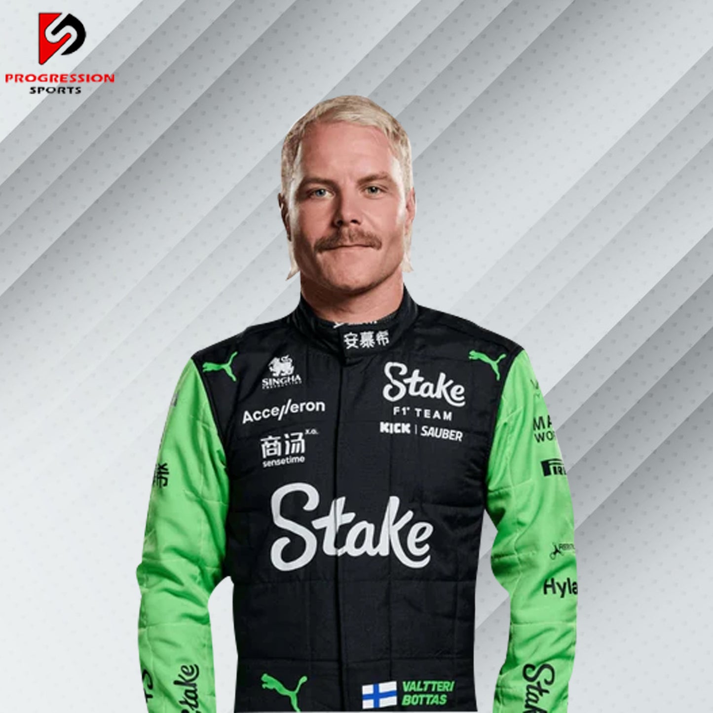 2024 Valtteri Bottas Stake F1 race suit in black and green with Stake, Kick, and Sauber sponsor logos