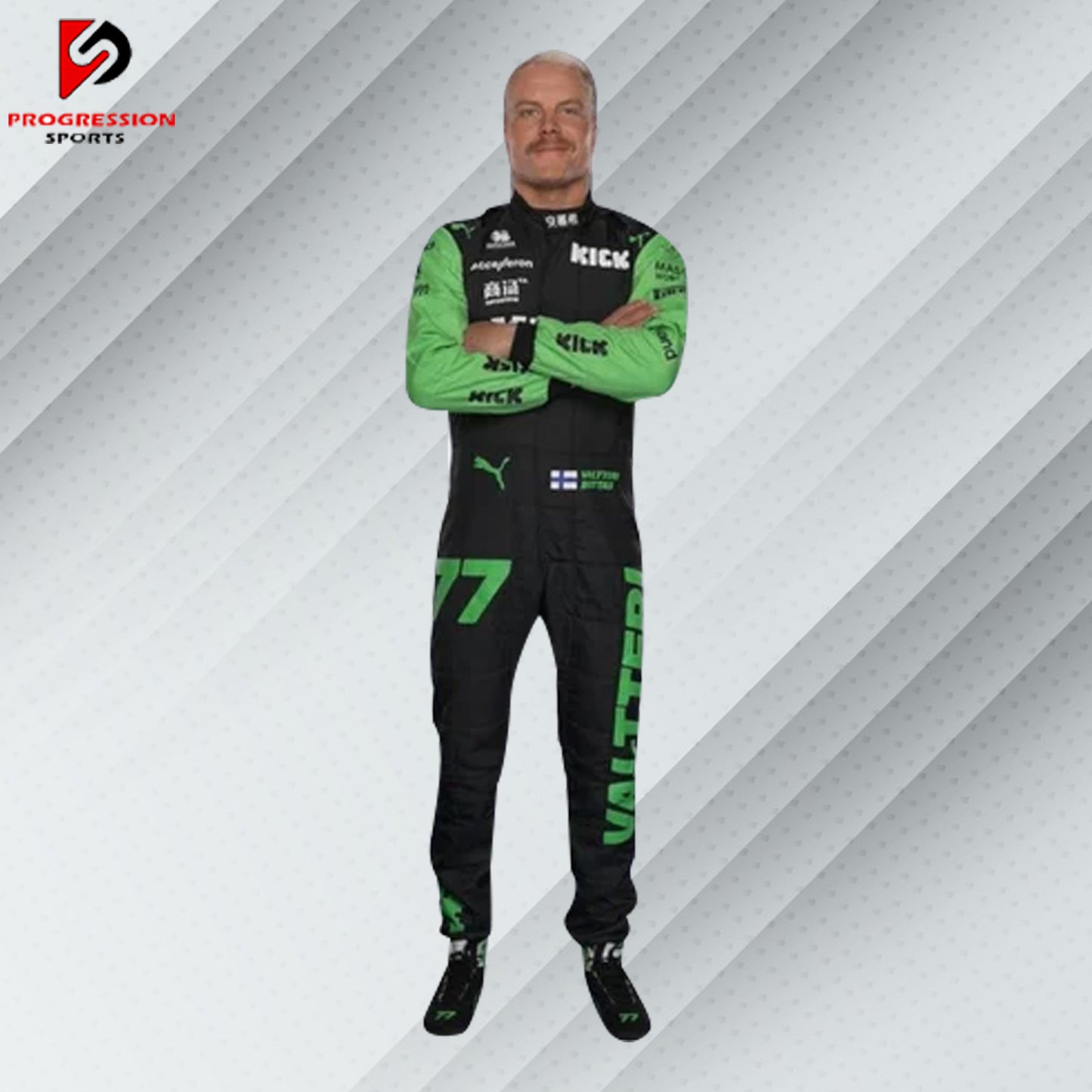 2024 Valtteri Bottas Stake F1 race suit in black and green with Stake, Kick, and Sauber sponsor logos