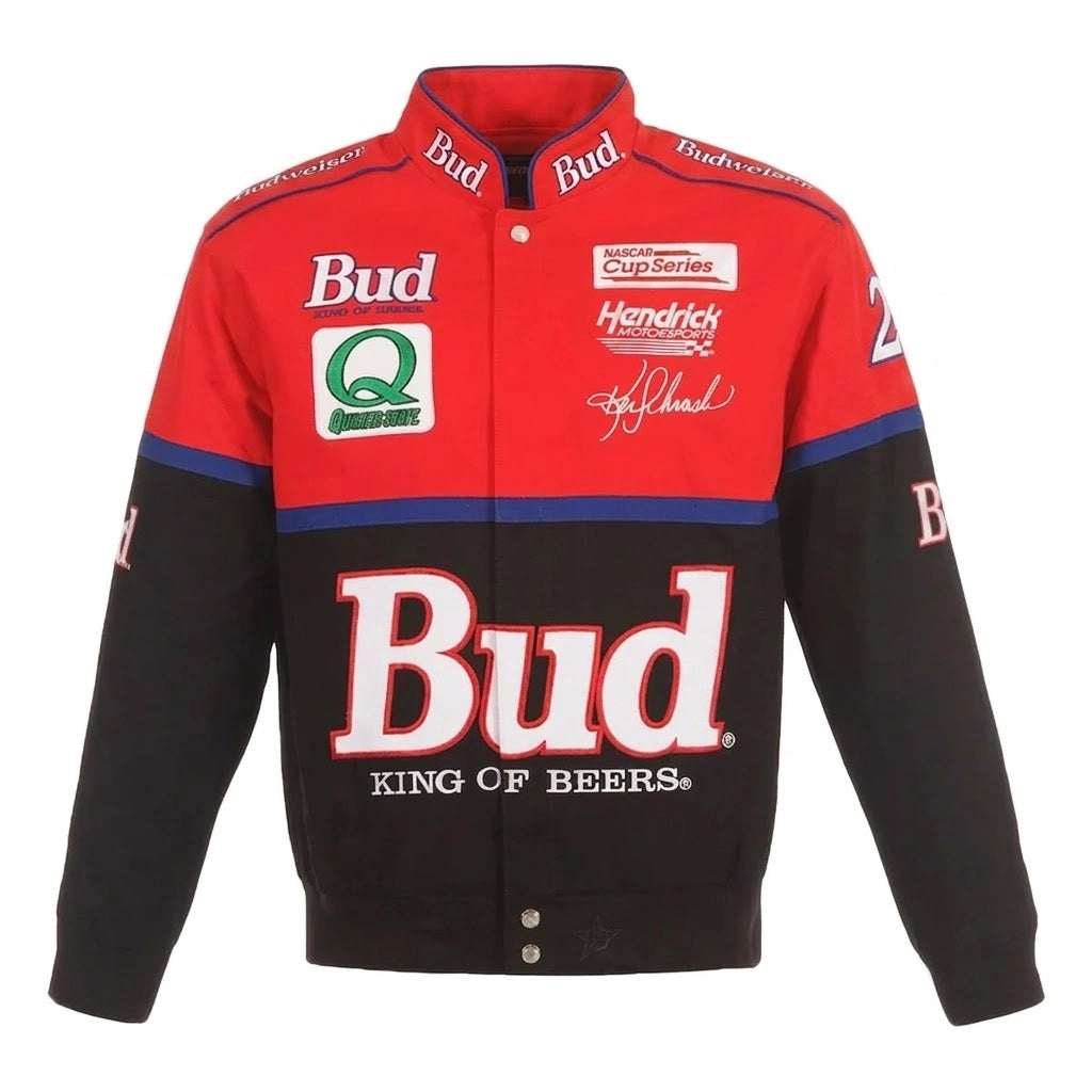 Ken Schrader Bud Schwarz/Rot Twill Fahrer Uniform Full-Snap Jacke