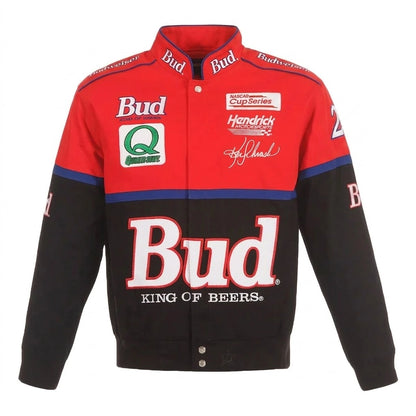 Ken Schrader Bud Schwarz/Rot Twill Fahrer Uniform Full-Snap Jacke