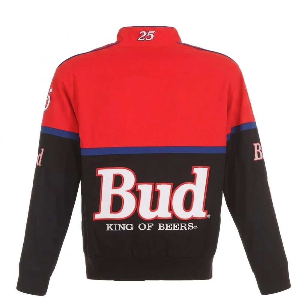 Ken Schrader Bud Schwarz/Rot Twill Fahrer Uniform Full-Snap Jacke