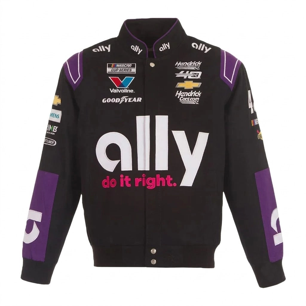 Alex Bowman Ally Black Twill-Uniformjacke mit durchgehendem Druckknopfverschluss